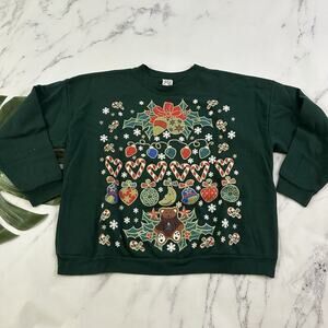 Sun Womens Vintage 90s Christmas Holiday Sweatshirt Sweater Size XL Green Gold